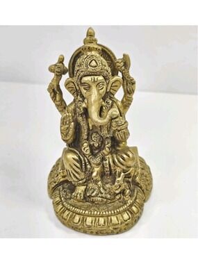 Brass Ganesha Statue Hindu Elephant God Ganesh Figurine 4.25" Detailed W/ Mouse